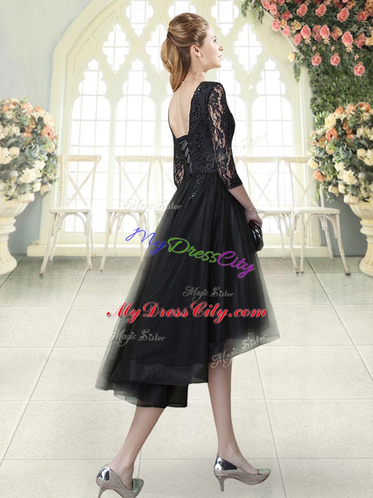 Clearance Scoop Half Sleeves Lace Up Black Tulle