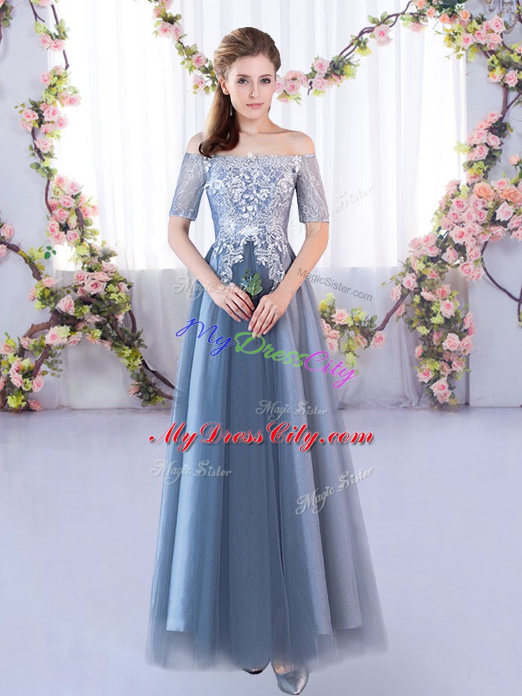 Comfortable A-line Bridesmaid Dress Blue Off The Shoulder Tulle Short Sleeves Floor Length Lace Up