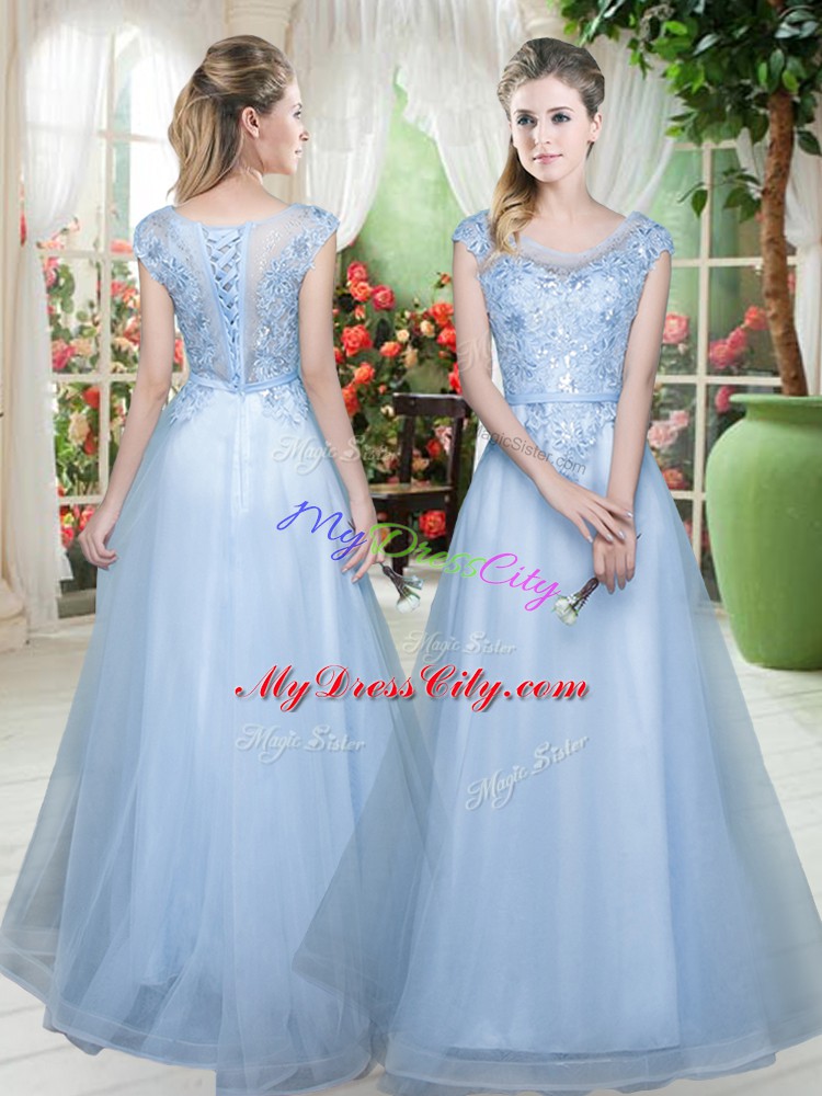 Fantastic Tulle Scoop Cap Sleeves Lace Up Lace Prom Gown in Light Blue