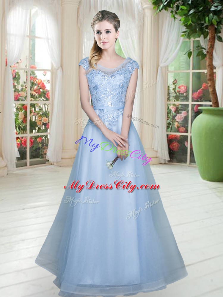 Fantastic Tulle Scoop Cap Sleeves Lace Up Lace Prom Gown in Light Blue