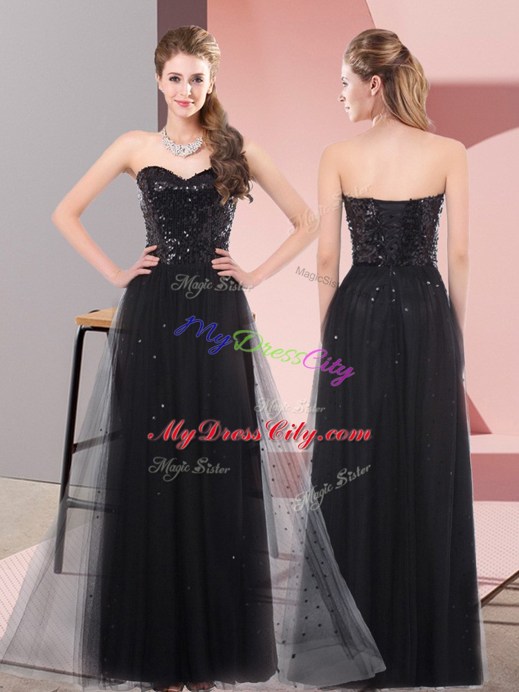 Stylish Sleeveless Floor Length Sequins Lace Up Prom Party Dress with Black