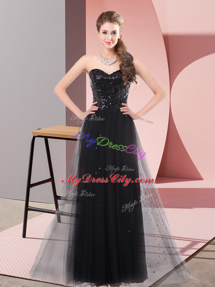 Stylish Sleeveless Floor Length Sequins Lace Up Prom Party Dress with Black