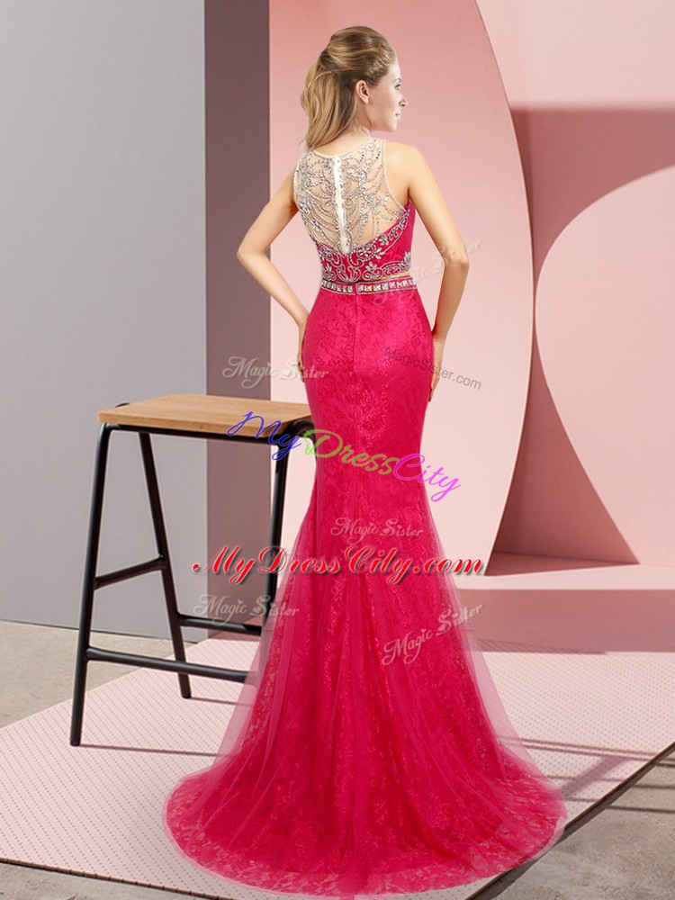 Hot Pink Prom Gown Scoop Sleeveless Sweep Train Lace Up