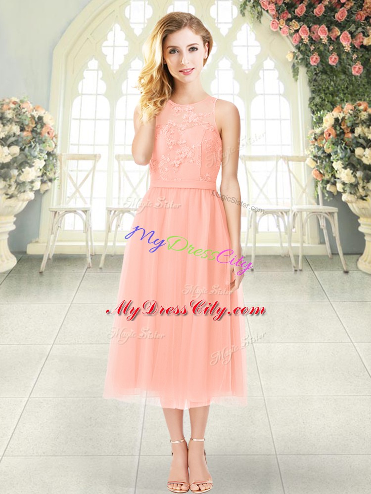 Spectacular Peach Evening Dress Prom and Party with Lace Scoop Sleeveless Zipper