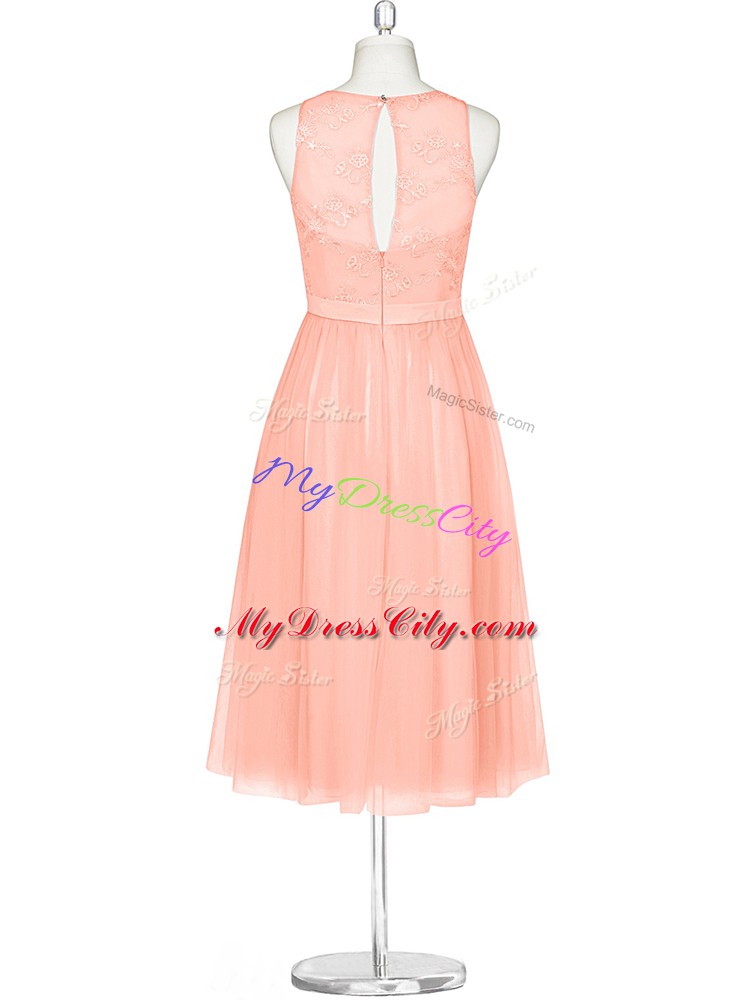 Spectacular Peach Evening Dress Prom and Party with Lace Scoop Sleeveless Zipper