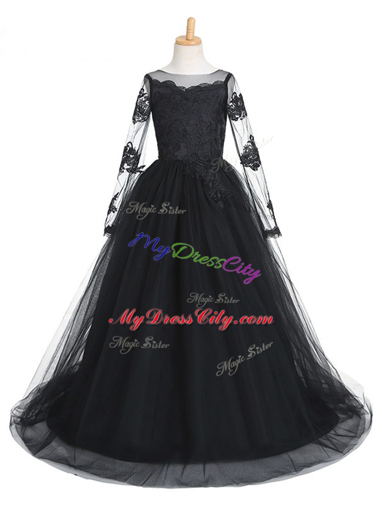 Black Long Sleeves Lace Clasp Handle Pageant Dress