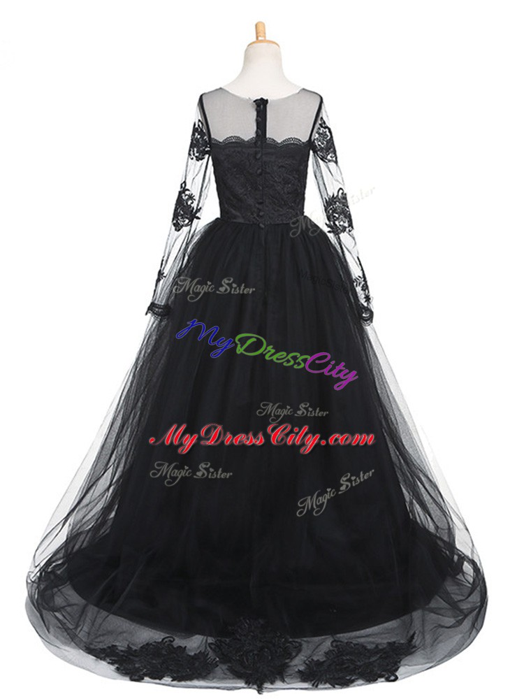 Black Long Sleeves Lace Clasp Handle Pageant Dress