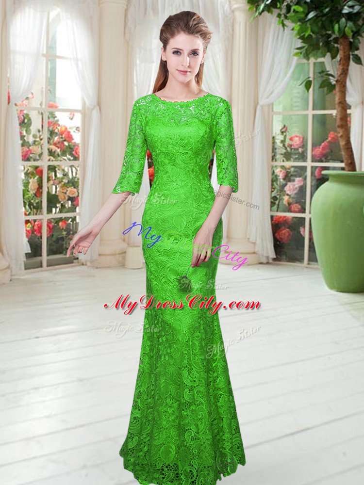 Half Sleeves Floor Length Zipper Dress for Prom in Green with Lace