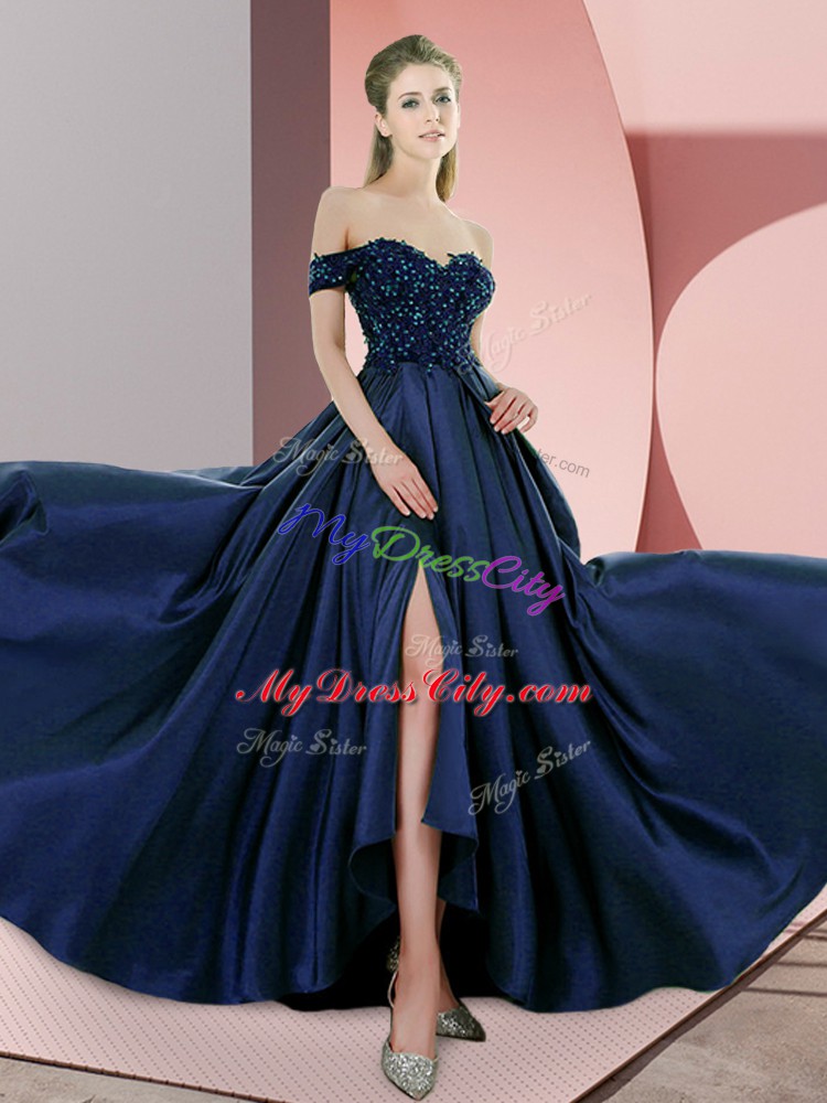 Sweep Train Empire Prom Gown Navy Blue Off The Shoulder Elastic Woven Satin Sleeveless Backless