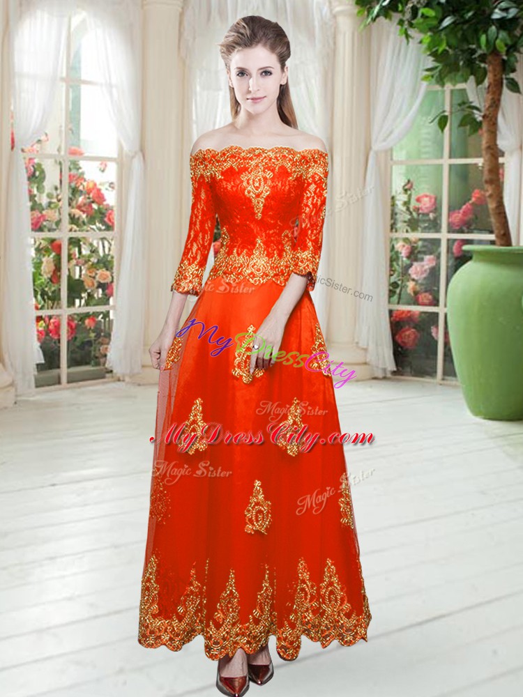 Modern Orange Red Tulle Lace Up Prom Party Dress 3 4 Length Sleeve Floor Length Lace