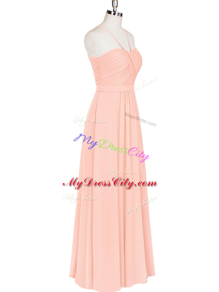 Pink Zipper Prom Dress Ruching Sleeveless Floor Length