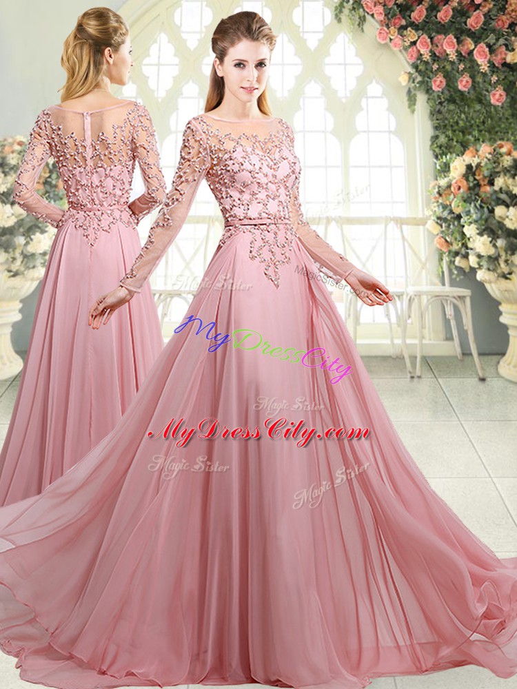 Pink Scoop Neckline Beading Dress for Prom Long Sleeves Zipper