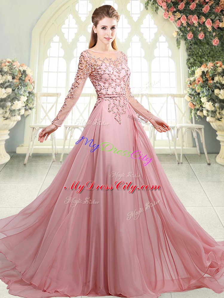 Pink Scoop Neckline Beading Dress for Prom Long Sleeves Zipper