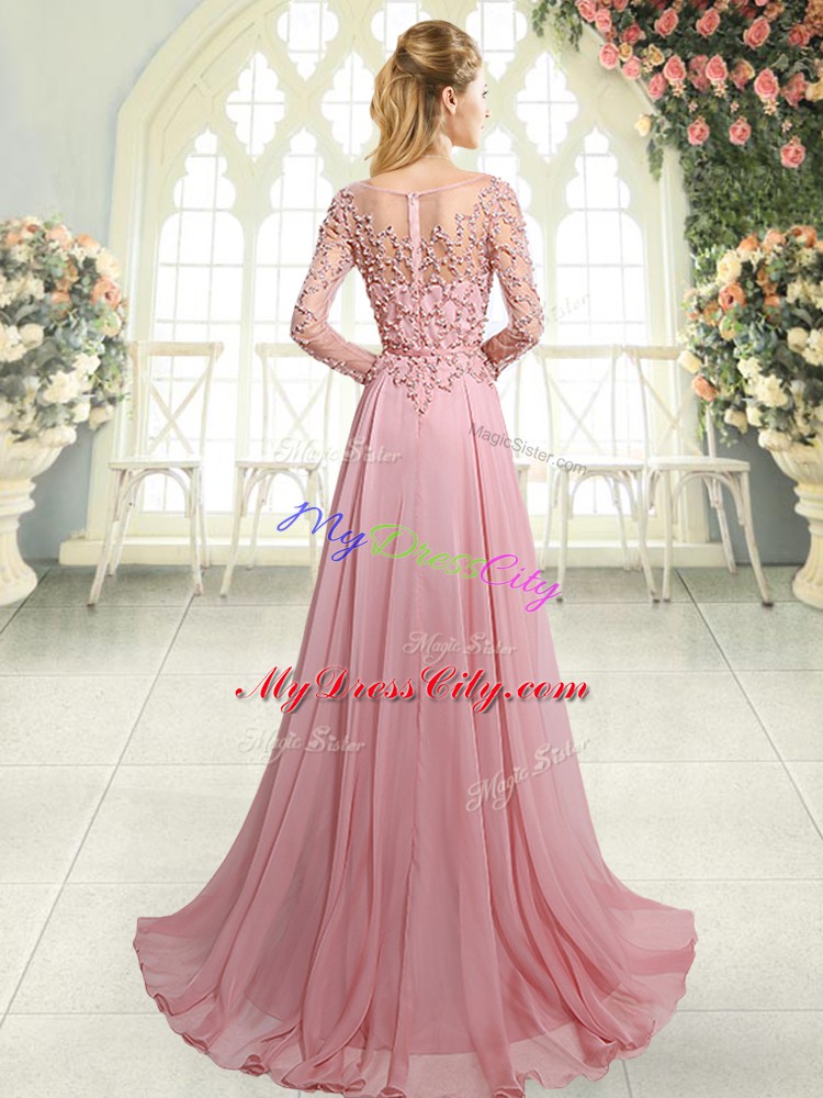 Pink Scoop Neckline Beading Dress for Prom Long Sleeves Zipper