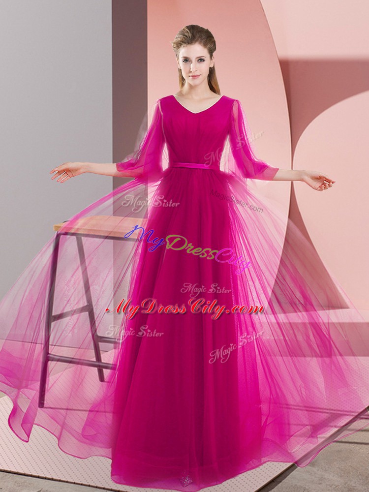 Decent V-neck Long Sleeves Prom Party Dress Floor Length Beading Pink and Fuchsia Tulle