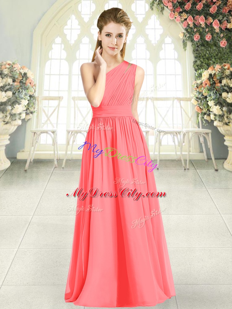 Ruching Prom Gown Watermelon Red Zipper Sleeveless Floor Length