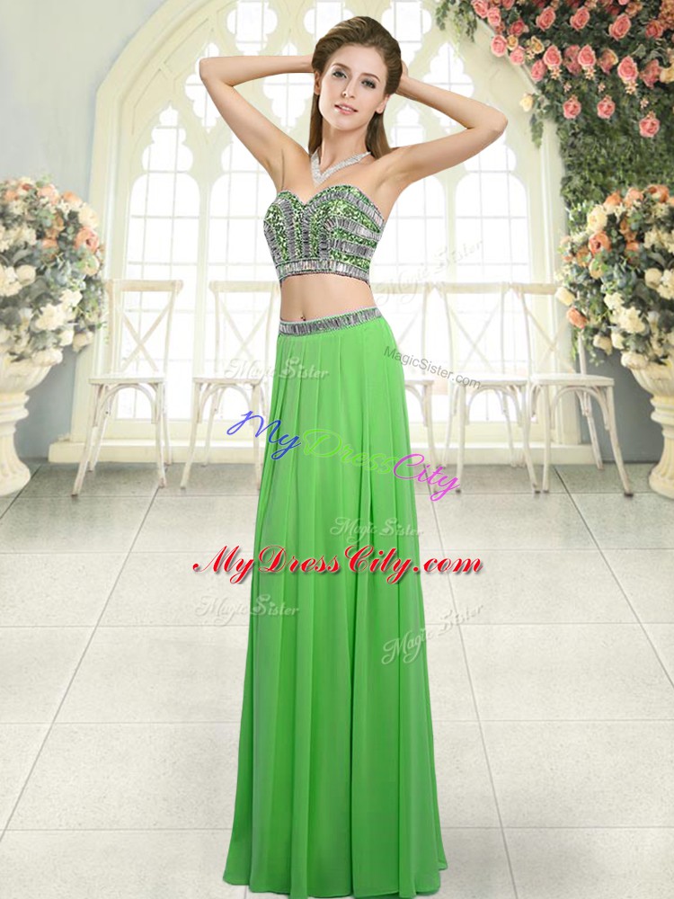 Inexpensive Floor Length Green Evening Dress Chiffon Sleeveless Beading