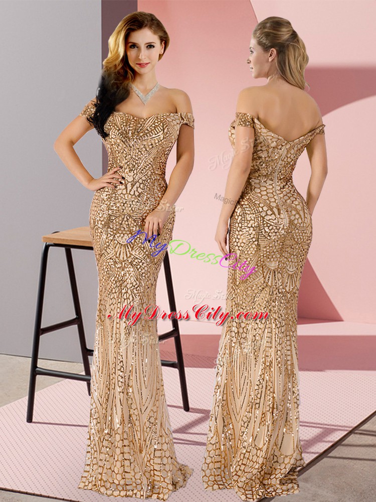 Ruching Prom Dress Gold Zipper Sleeveless Floor Length