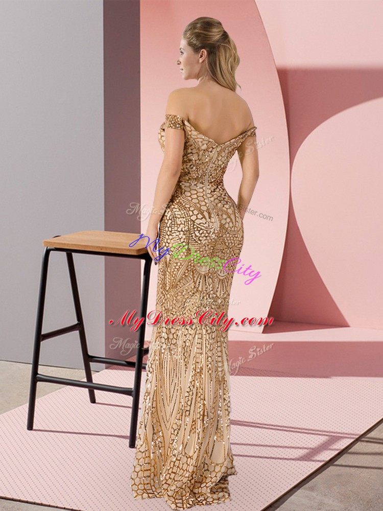 Ruching Prom Dress Gold Zipper Sleeveless Floor Length