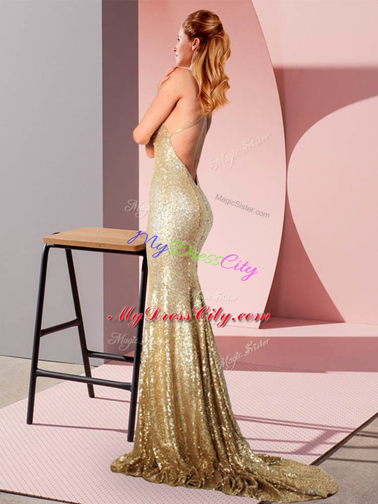 Beautiful Sleeveless Ruching Backless Prom Dresses with Gold Sweep Train