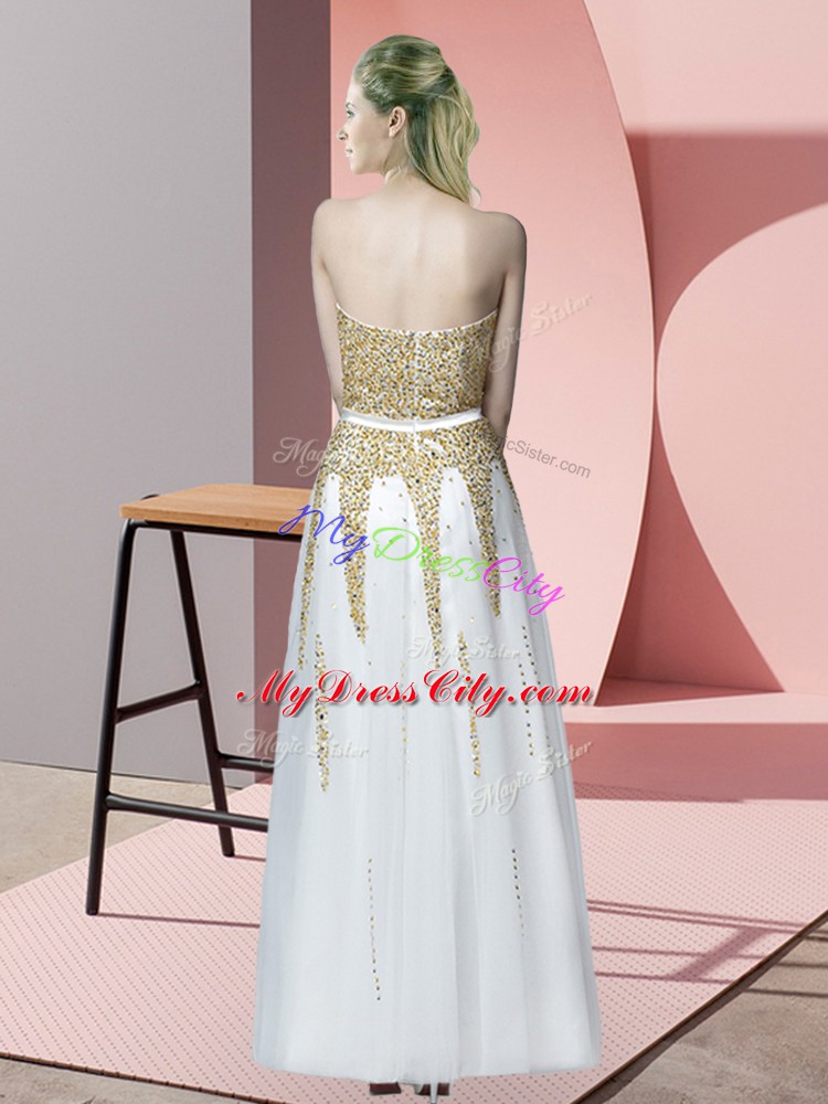 Sleeveless Tulle Floor Length Zipper Prom Party Dress in White with Beading