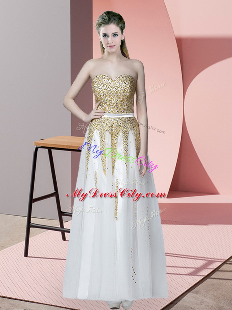 Sleeveless Tulle Floor Length Zipper Prom Party Dress in White with Beading