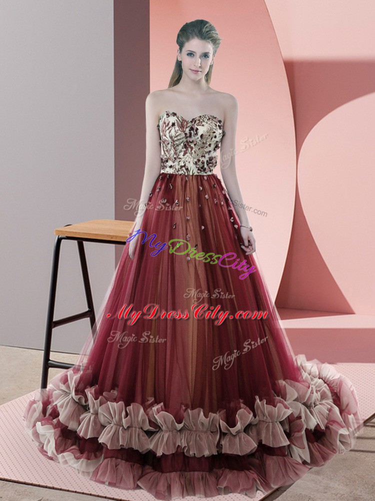 Red A-line Sweetheart Sleeveless Tulle Sweep Train Lace Up Beading Prom Evening Gown