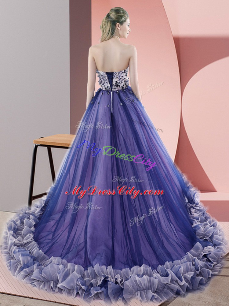 Red A-line Sweetheart Sleeveless Tulle Sweep Train Lace Up Beading Prom Evening Gown