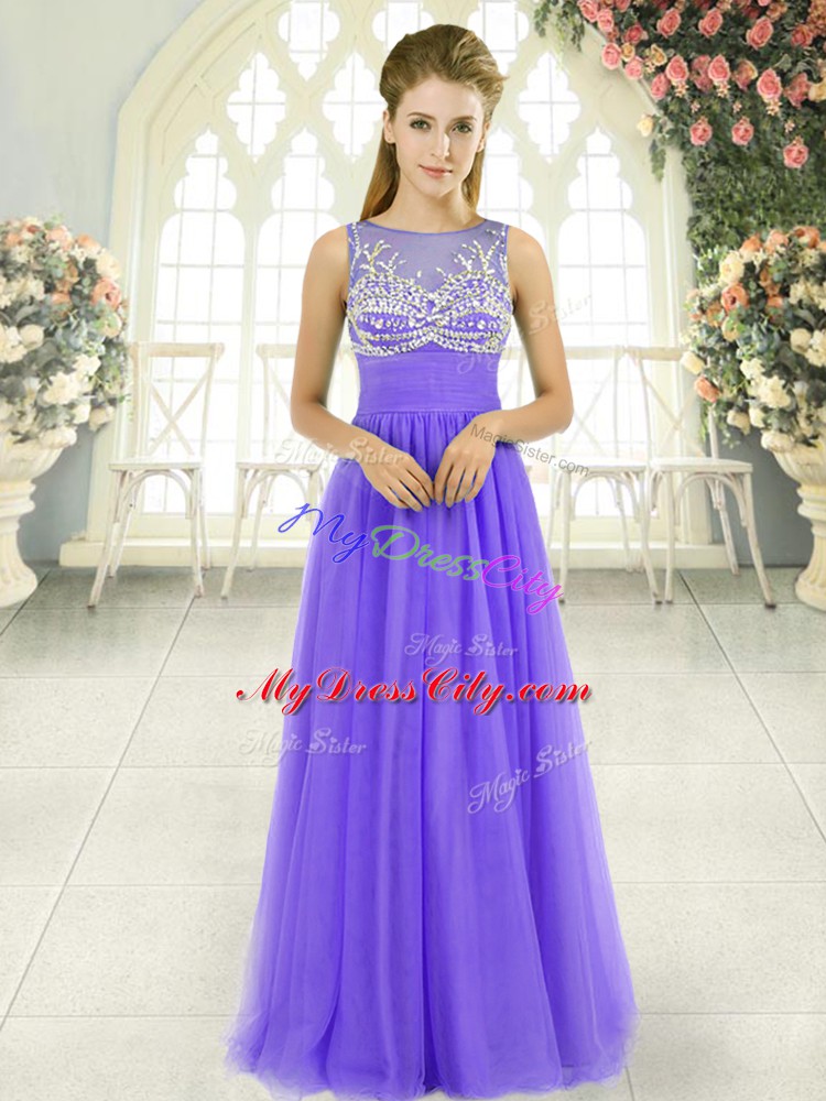 Stylish Scoop Sleeveless Prom Dresses Floor Length Beading Lavender Tulle