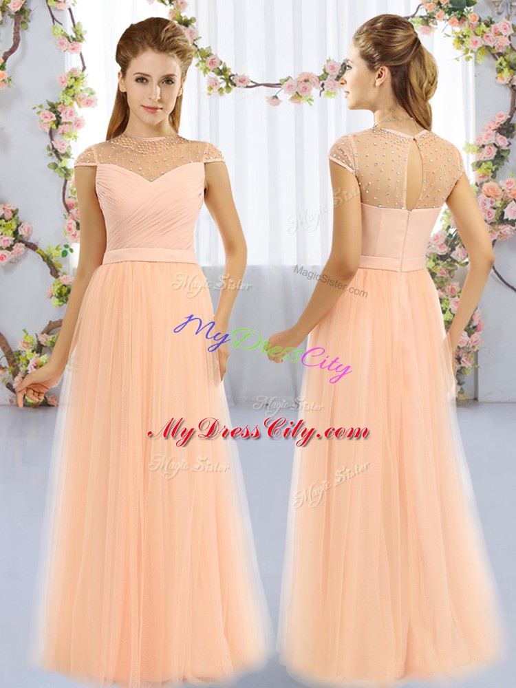 Top Selling Peach Zipper Wedding Guest Dresses Beading Cap Sleeves Floor Length