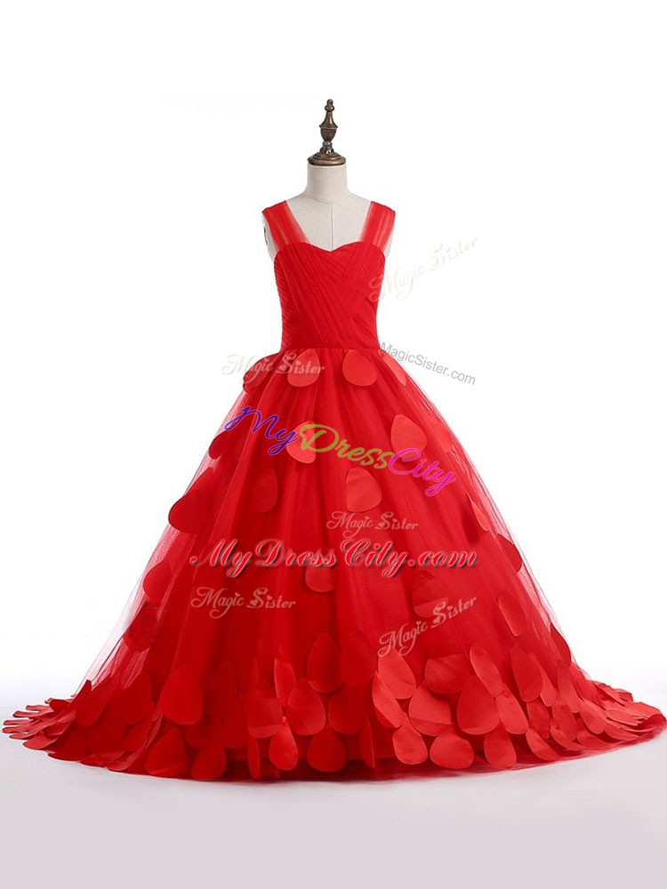 Red Pageant Dress for Teens Wedding Party with Appliques Straps Sleeveless Brush Train Lace Up