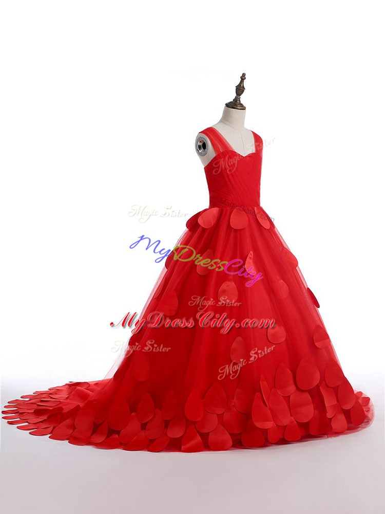 Red Pageant Dress for Teens Wedding Party with Appliques Straps Sleeveless Brush Train Lace Up