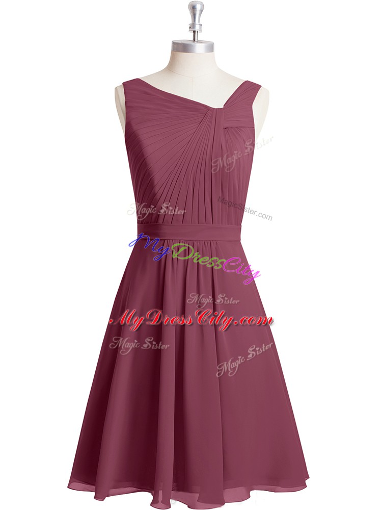 Knee Length Red Dress for Prom Chiffon Sleeveless Ruching and Belt