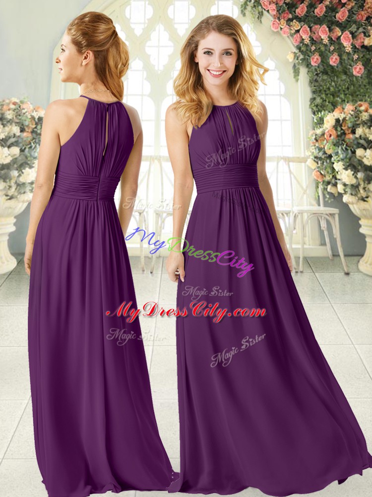 Purple Empire Chiffon Scoop Sleeveless Ruching Floor Length Zipper Evening Party Dresses