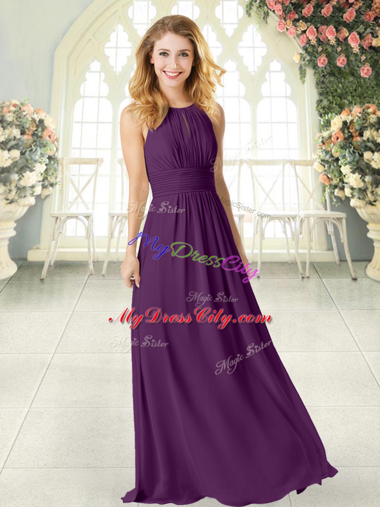 Purple Empire Chiffon Scoop Sleeveless Ruching Floor Length Zipper Evening Party Dresses