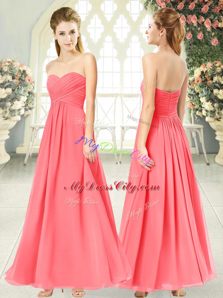 Ankle Length Watermelon Red Evening Party Dresses Chiffon Sleeveless Ruching