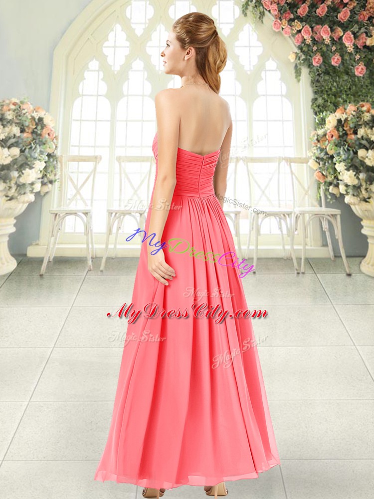 Ankle Length Watermelon Red Evening Party Dresses Chiffon Sleeveless Ruching