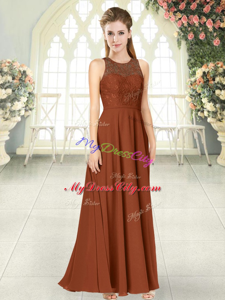 Brown Chiffon Backless Formal Evening Gowns Sleeveless Floor Length Lace