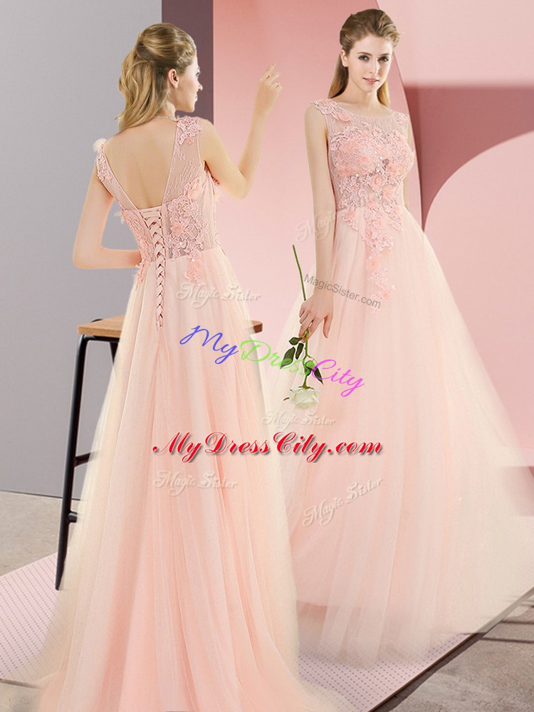 Pink Scoop Lace Up Beading and Lace and Appliques Prom Evening Gown Sleeveless