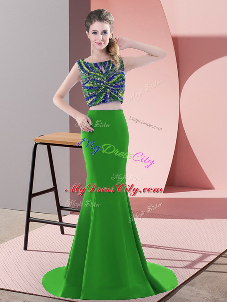 Green Two Pieces Satin Scoop Sleeveless Beading and Pick Ups Backless Prom Evening Gown Sweep Train