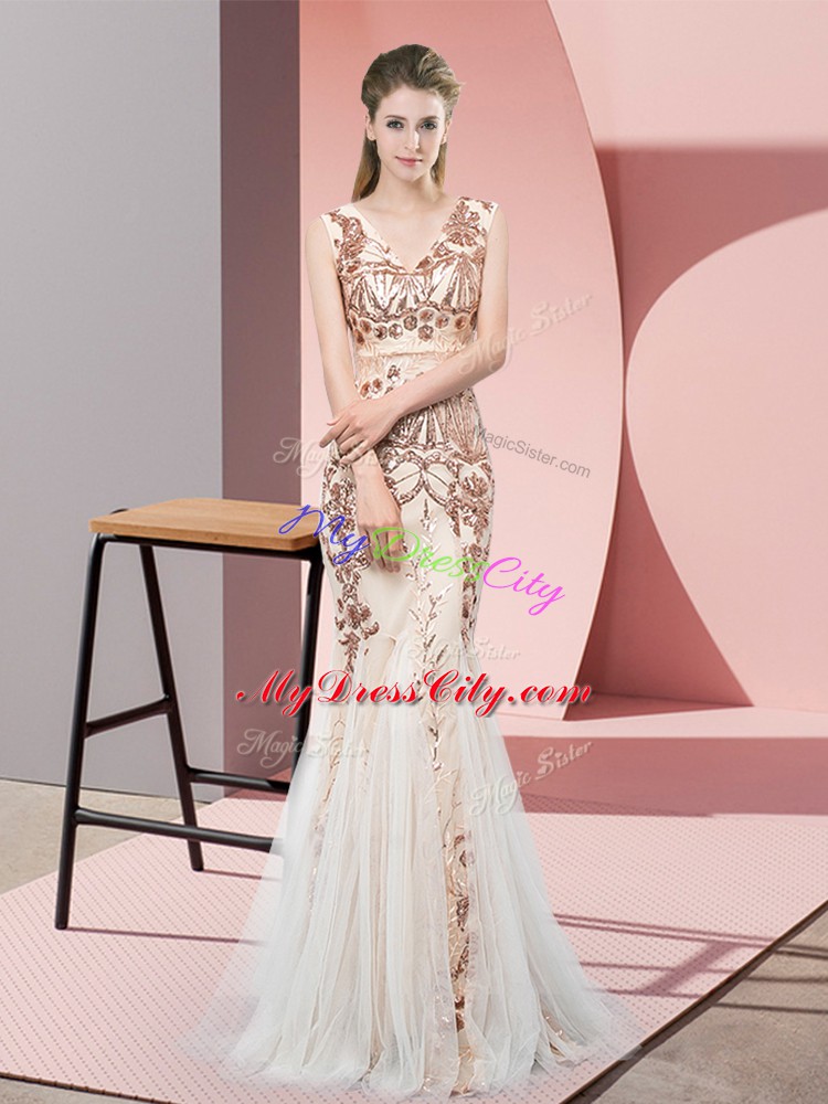 Champagne Mermaid V-neck Sleeveless Tulle Floor Length Backless Sequins Prom Dress