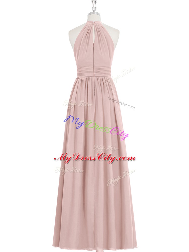 Modest Baby Pink Halter Top Zipper Ruching Prom Dress Sleeveless