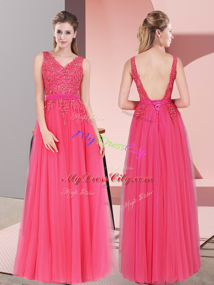 Charming Sleeveless Floor Length Lace Backless Homecoming Dress with Hot Pink