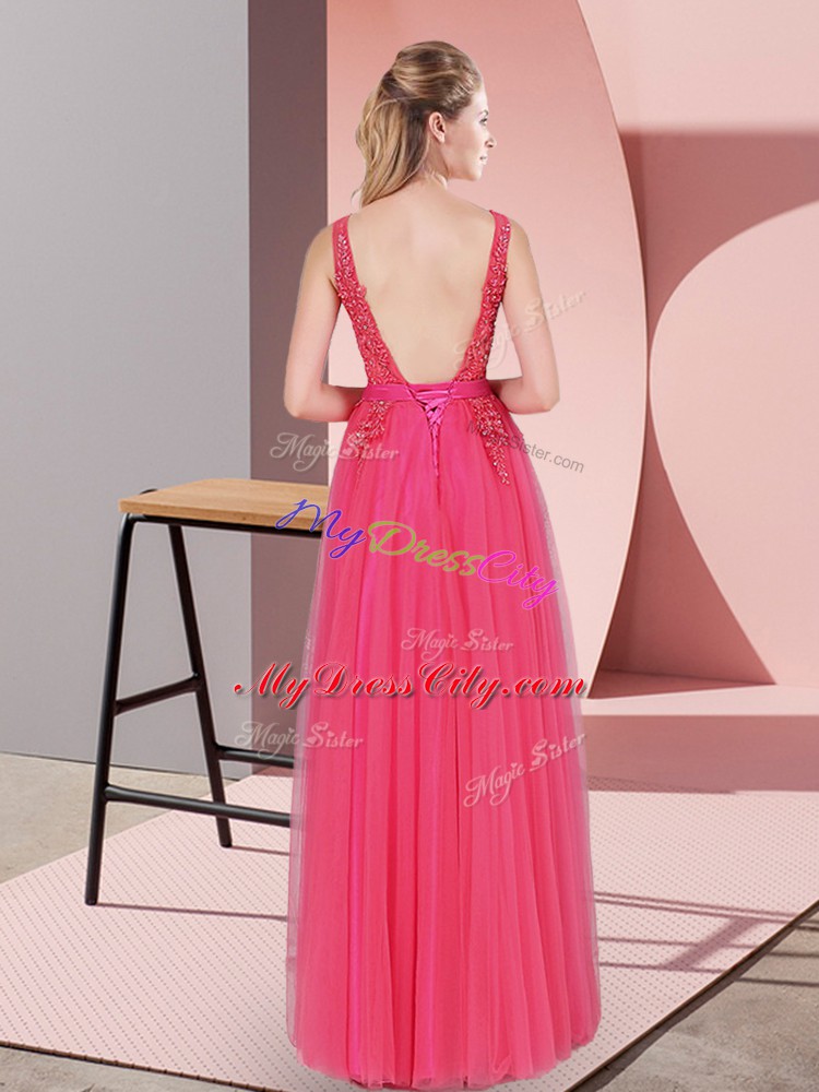 Charming Sleeveless Floor Length Lace Backless Homecoming Dress with Hot Pink