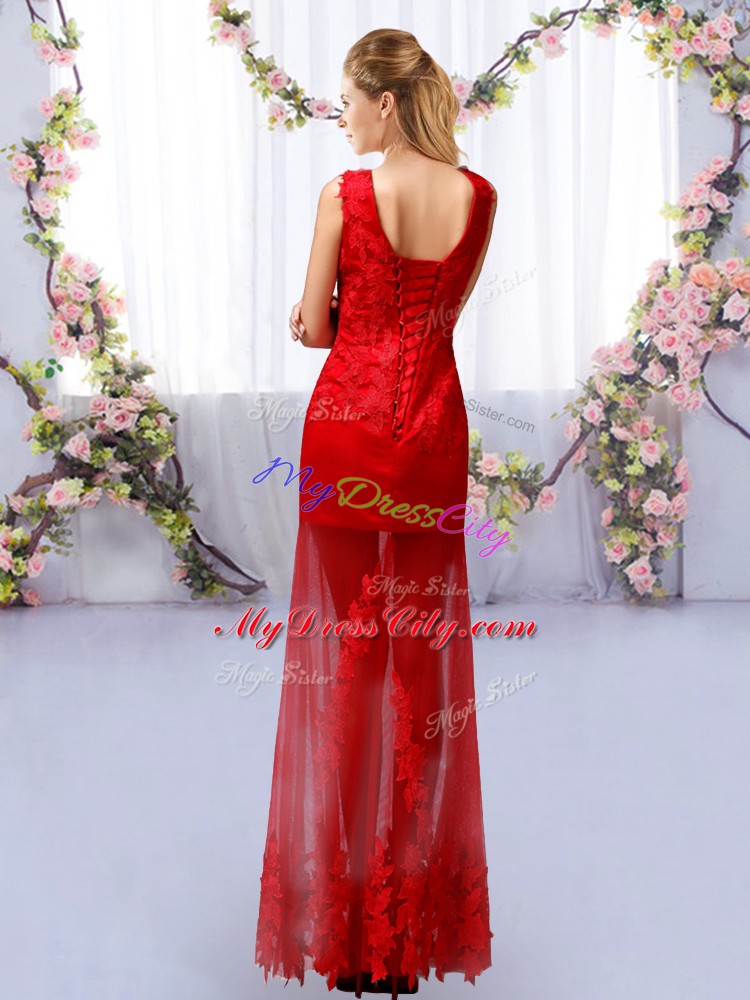 Red Sleeveless Tulle Lace Up Quinceanera Court of Honor Dress for Prom and Party and Wedding Party