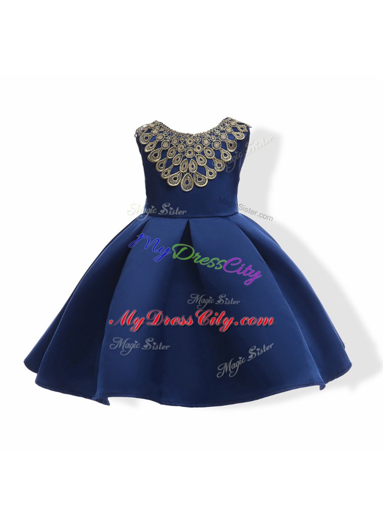 Fashion Navy Blue Ball Gowns Appliques and Bowknot Pageant Dress for Womens Zipper Satin Sleeveless Mini Length