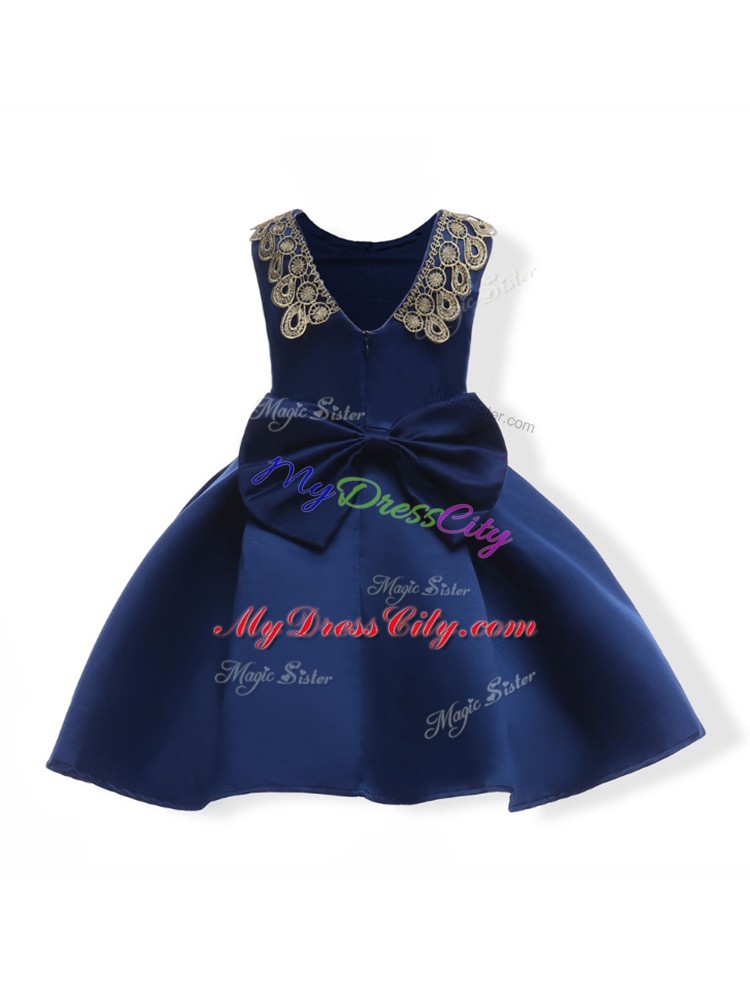 Fashion Navy Blue Ball Gowns Appliques and Bowknot Pageant Dress for Womens Zipper Satin Sleeveless Mini Length