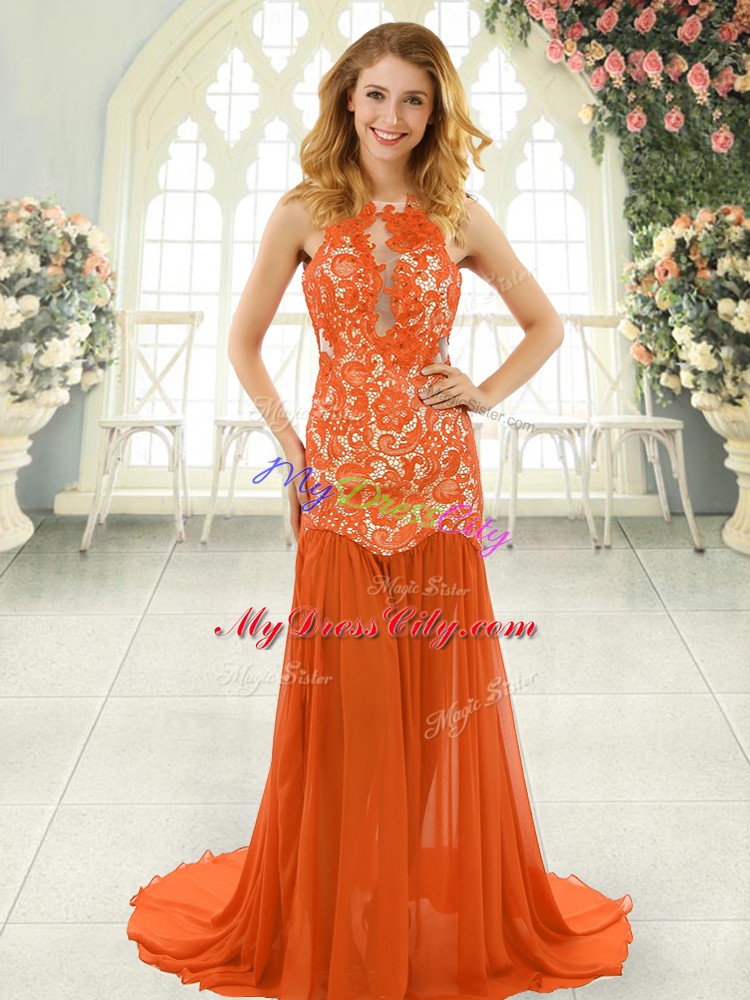 Fashionable Orange Red Mermaid Chiffon Scoop Sleeveless Lace Backless Brush Train