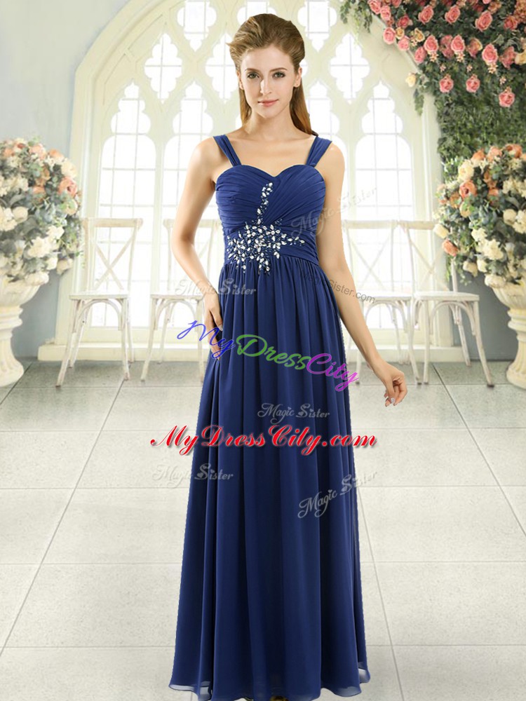 High Quality Blue Chiffon Lace Up Spaghetti Straps Sleeveless Floor Length Prom Party Dress Beading and Ruching