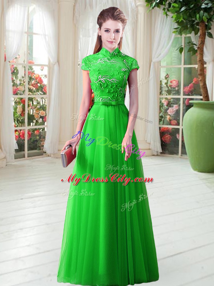 Cap Sleeves Floor Length Appliques Lace Up Prom Party Dress with